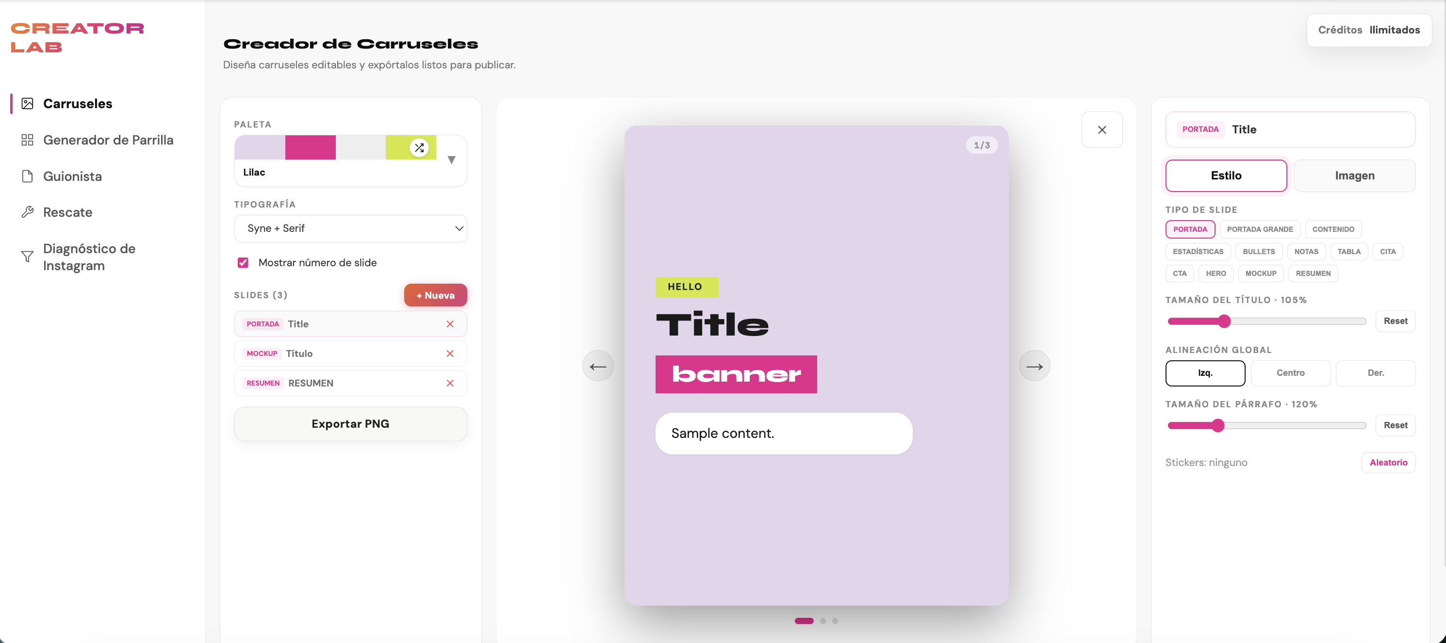 Editor de carruseles de Creator Lab