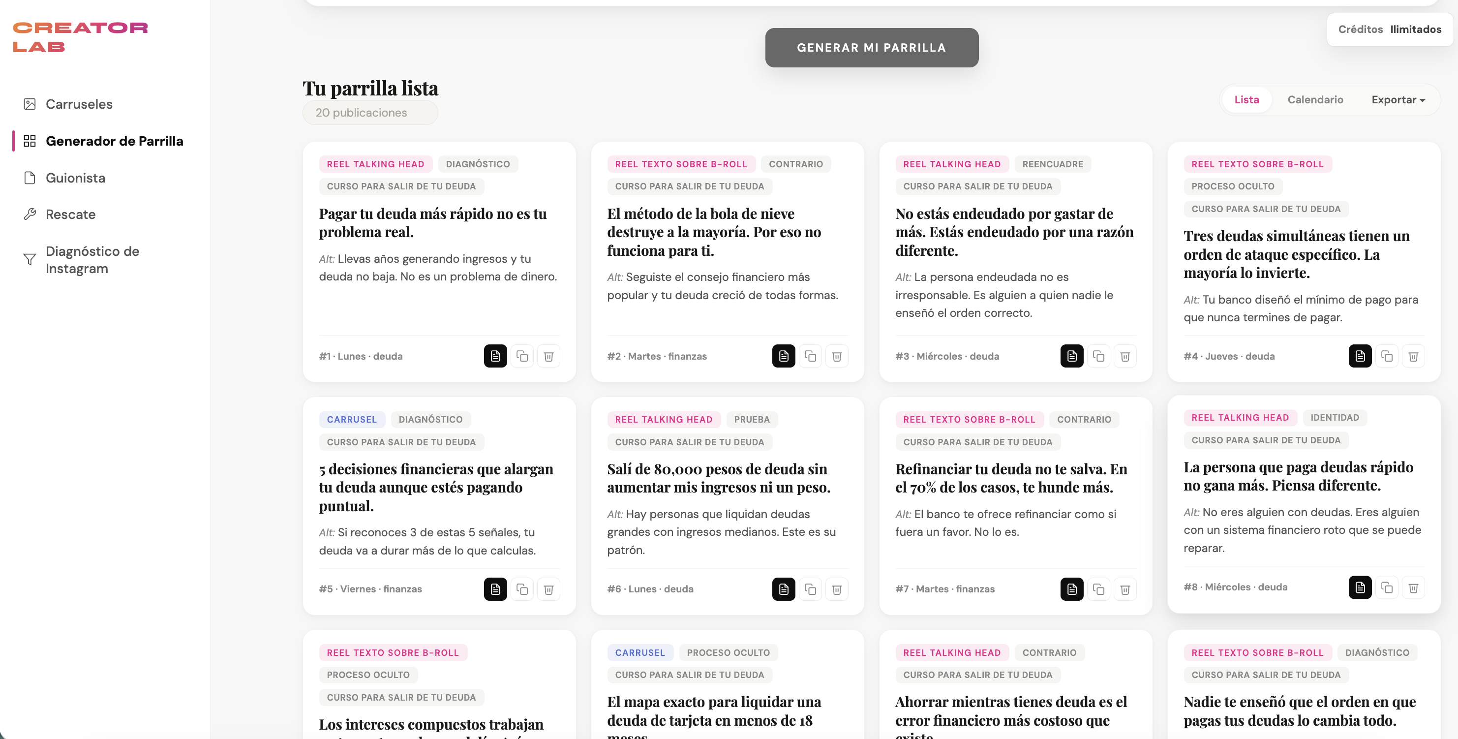 Parrilla de contenido organizada en Creator Lab